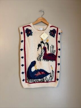 Eagles Eye Sweater Cream Mallard Ducks Shetland Wool Hand Knit Granny New Vtg